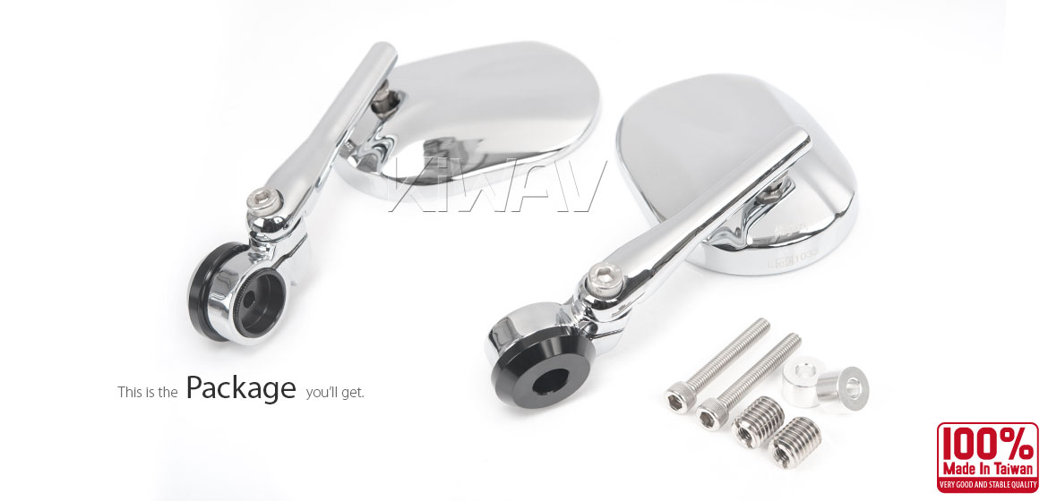 KiWAV motorcycle round bar end mirrors Stark chrome compatible for BMW M12 threaded handlebar