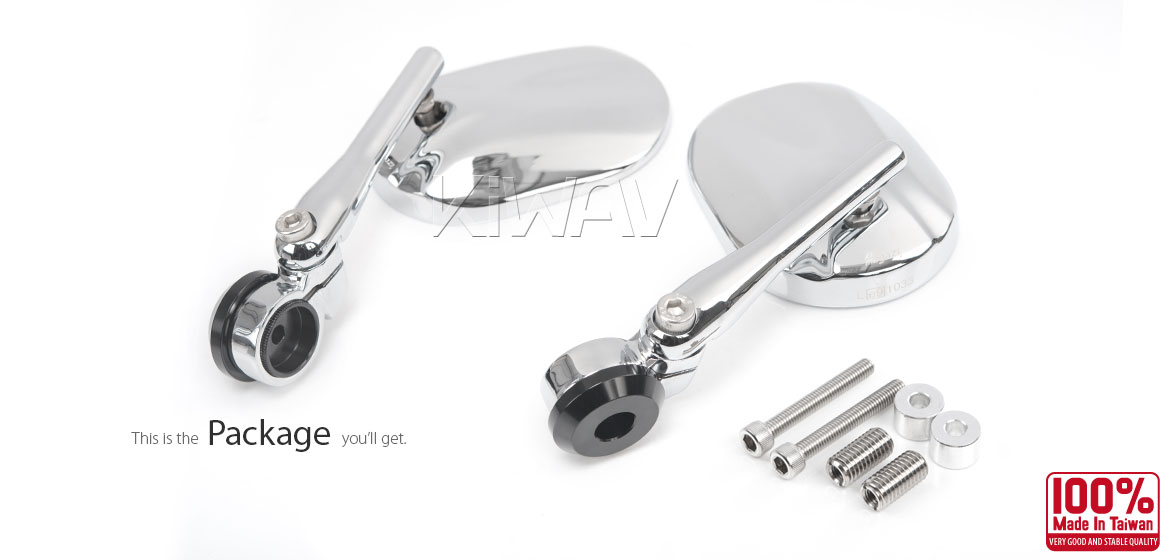 KiWAV motorcycle round bar end mirrors Stark chrome compatible for BMW M10 threaded handlebar