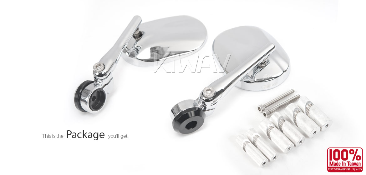 KiWAV motorcycle round bar end mirrors Stark chrome universal fit for 7/8 inch, 1 inch, 1-1/4 inch hollow end handlebars