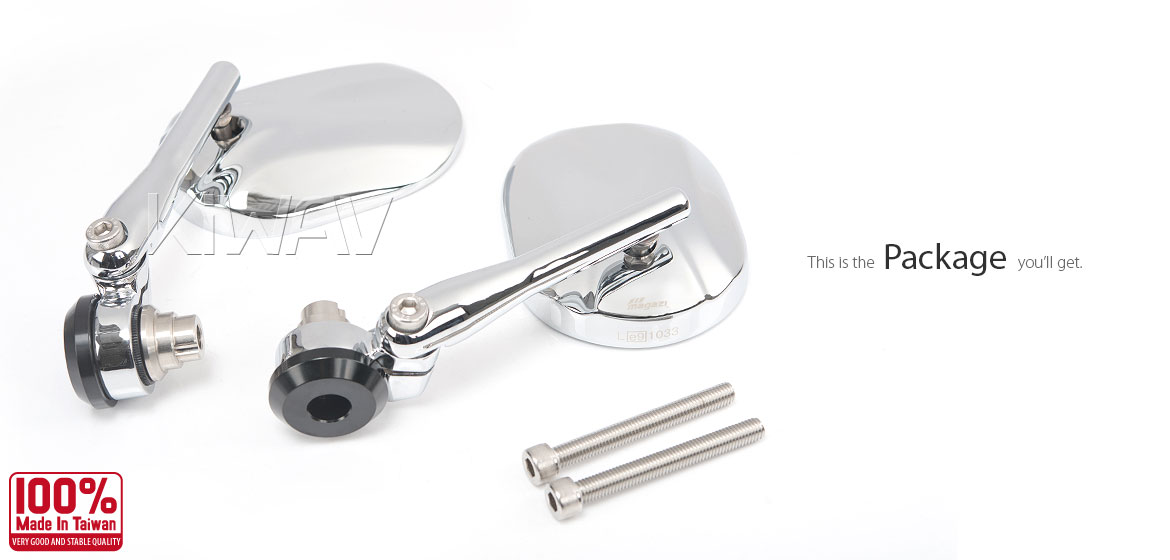 KiWAV motorcycle round bar end mirrors Stark chrome compatible for Indian Scout Bobber