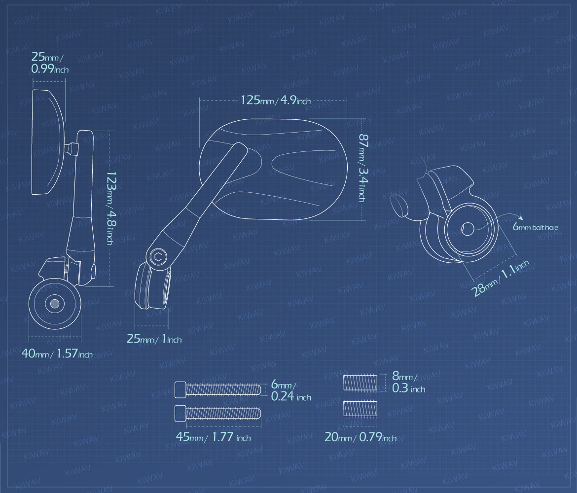 Measurement of KiWAV motorcycle bar end mirrors Stark for M8 threaded handlebars