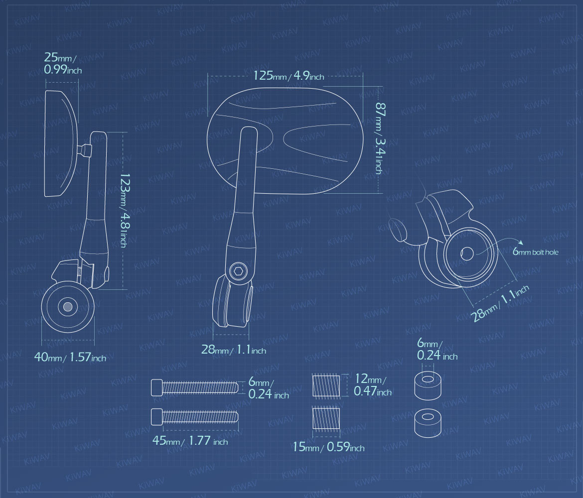 Measurement of KiWAV heavy weight bar end mirrors Stark compatible for BMW M12 threaded handlebar