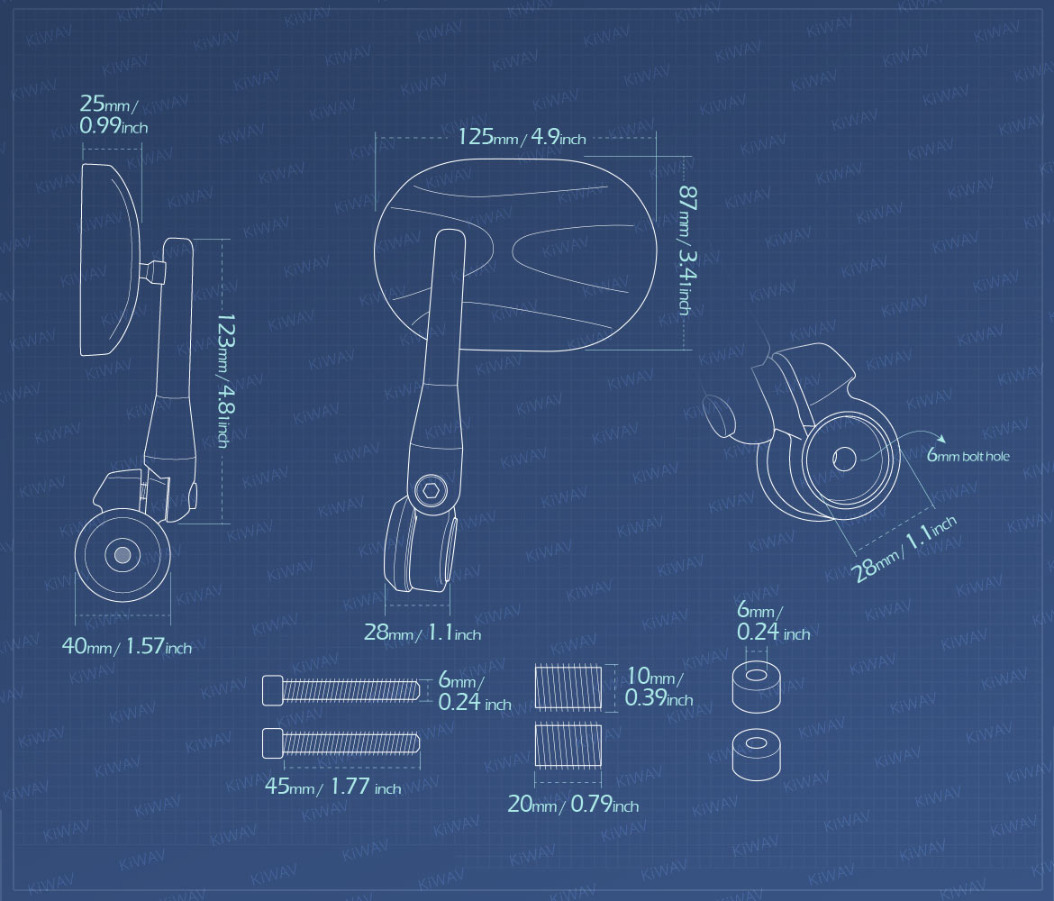 Measurement of KiWAV heavy weight bar end mirrors Stark compatible for BMW M10 threaded handlebar