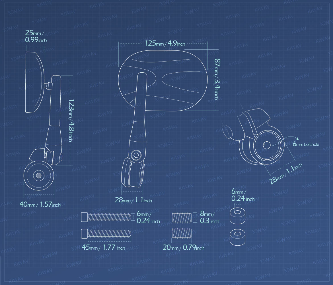 Measurement of KiWAV heavy weight bar end mirrors Stark compatible for BMW M8 threaded handlebar