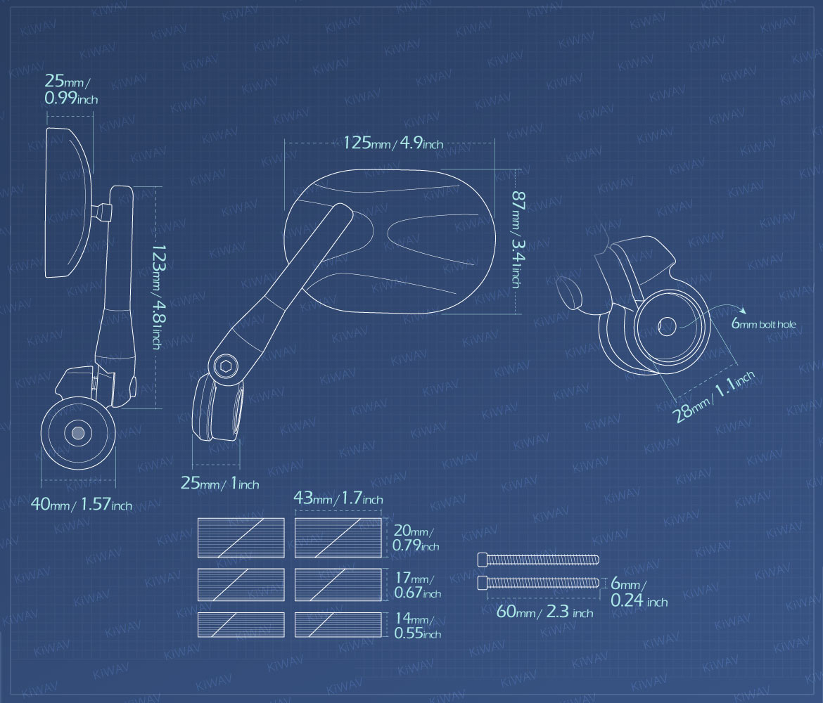 Measurement of KiWAV Stark motorcycle bar end mirrors for 7/8 inch and 1inch hollow end handlebars