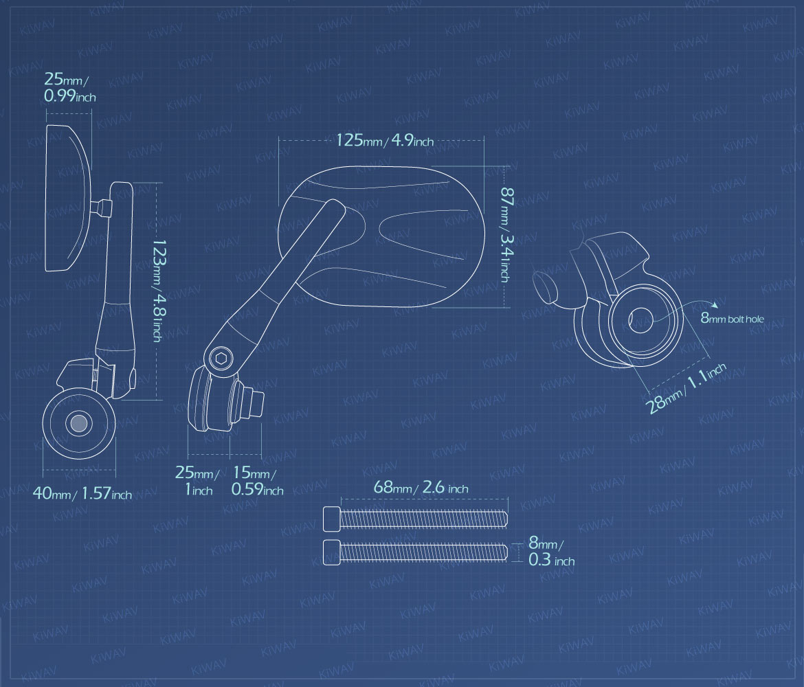Measurement of KiWAV motorcycle bar end mirrors Stark compatible for Indian Scout Bobber
