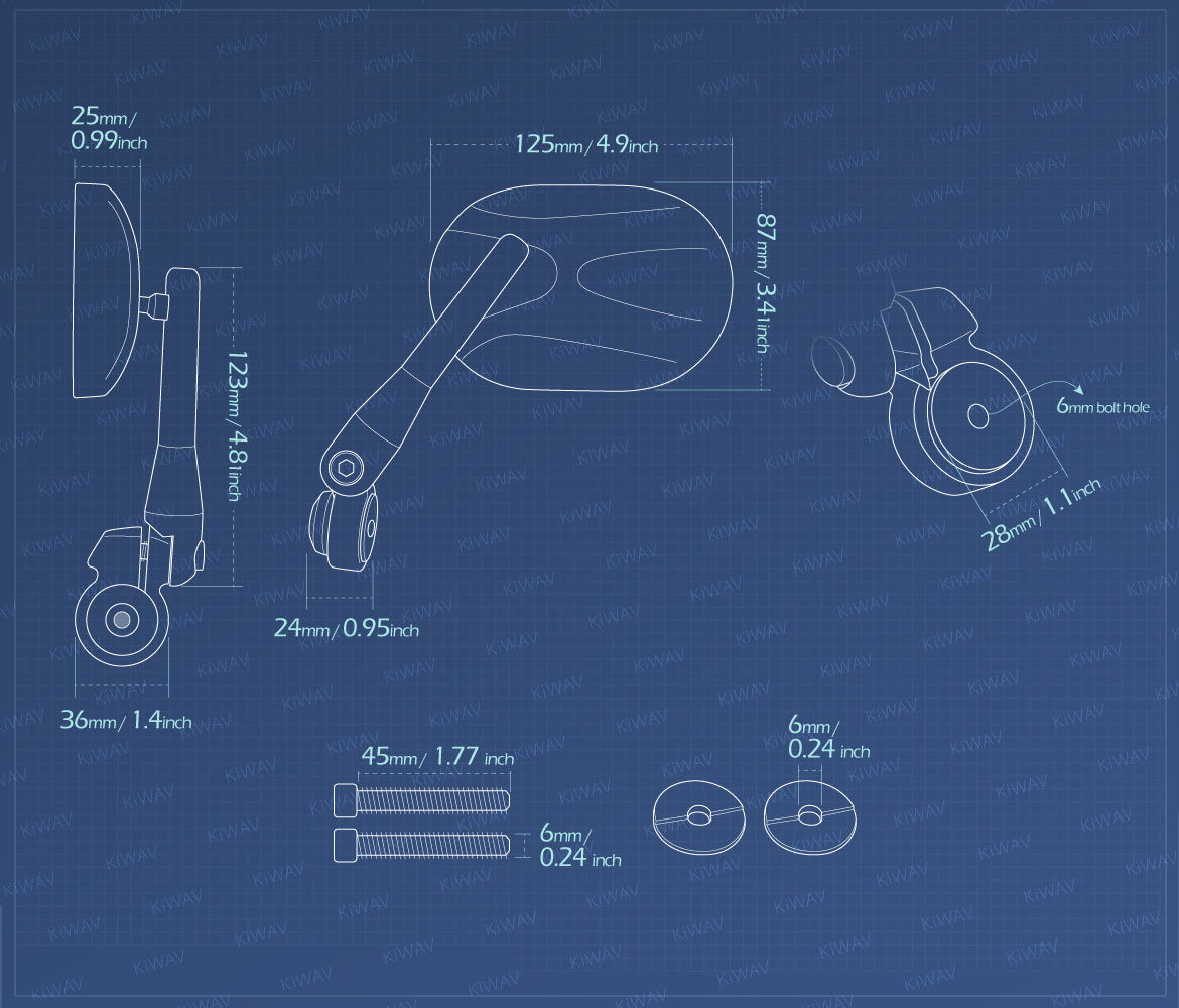 Measurement of KiWAV motorcycle bar end mirrors Stark compatible for Royal Enfield Interceptor 650