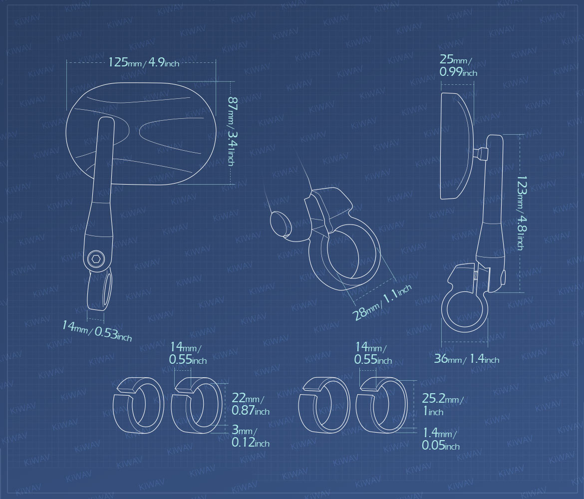 Measurement of KiWAV motorcycle bar end mirrors Stark for 22/25mm handlebar