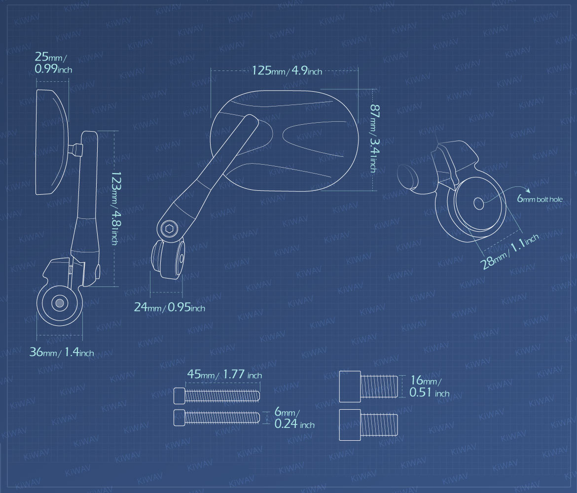 Measurement of KiWAV motorcycle bar end mirrors Stark compatible for Yamaha M16 threaded handlebars