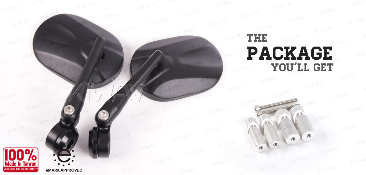 KiWAV motorcycle round bar end mirrors Stark black for 1inch hollow end handlebars