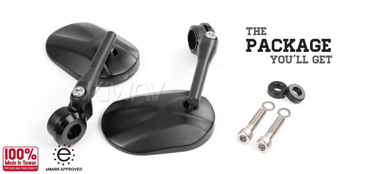 KiWAV motorcycle round bar end mirrors Stark black compatible for BMW M10 threaded handlebar