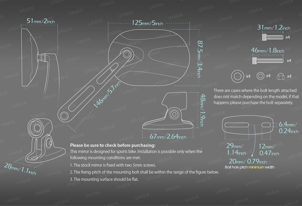 Measurement of VAWiK Stark motorcycle mirrors for sportsbike