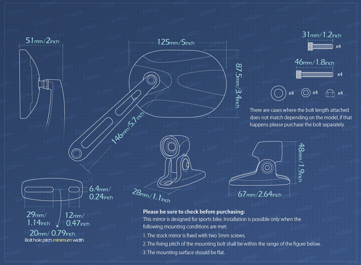 Measurement of KiWAV Stark motorcycle mirrors for sportsbike