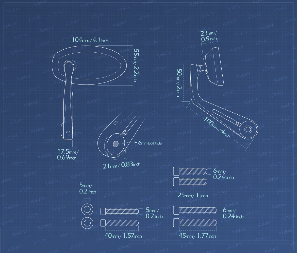 Measurement of KiWAV bar end mirrors Trusti compatible for Triumph air-cooled motorcycles