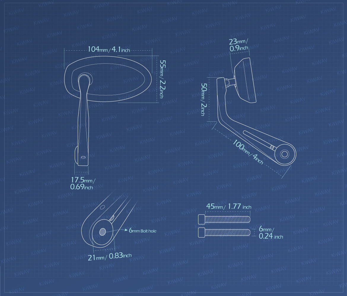 Measurement of KiWAV bar end mirrors Trusti for M6 threaded handlebars motorcycles
