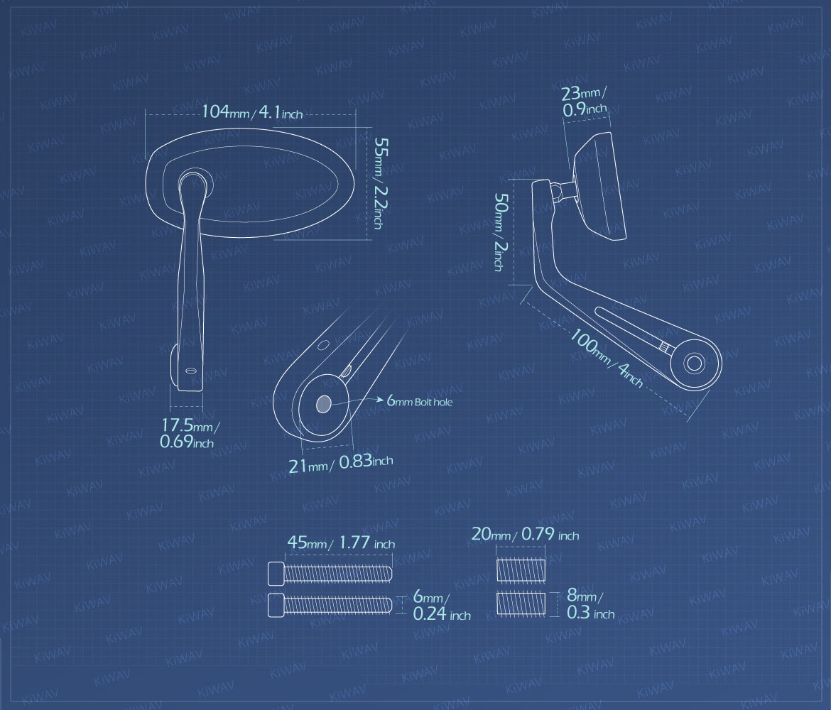 Measurement of KiWAV bar end mirrors Trusti for M8 threaded handlebars motorcycles