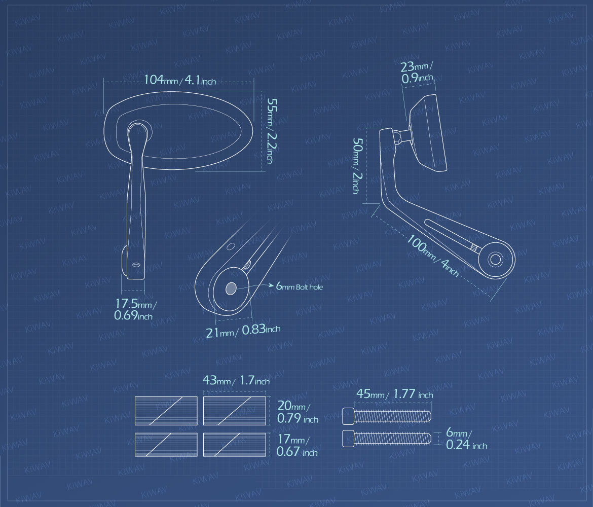 Measurement of KiWAV bar end mirrors Trusti compatible for 1 inch & 1-1/4 inch hollow end handlebar motorcycles