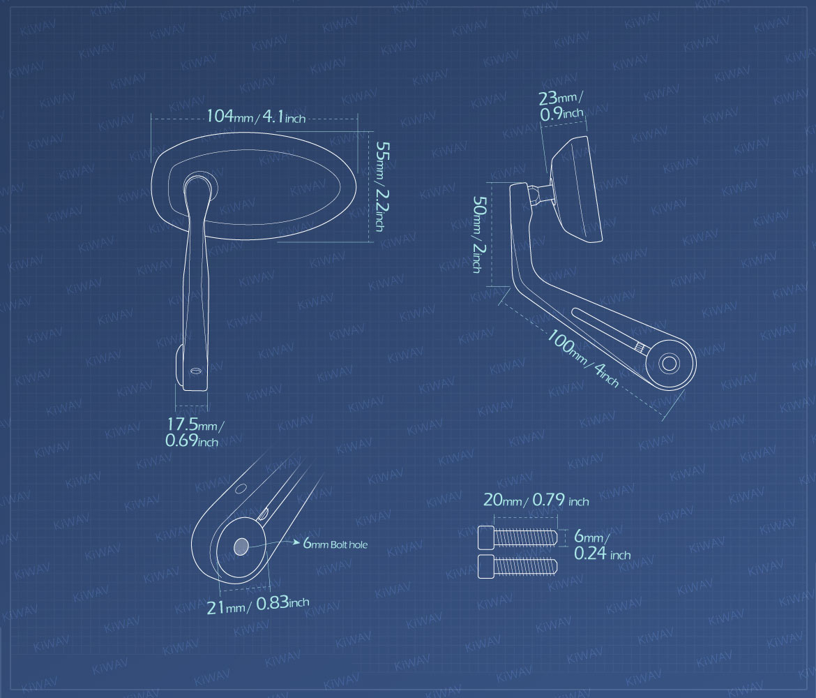 Measurement of KiWAV bar end mirrors Trusti compatible for Moto Guzzi motorcycles