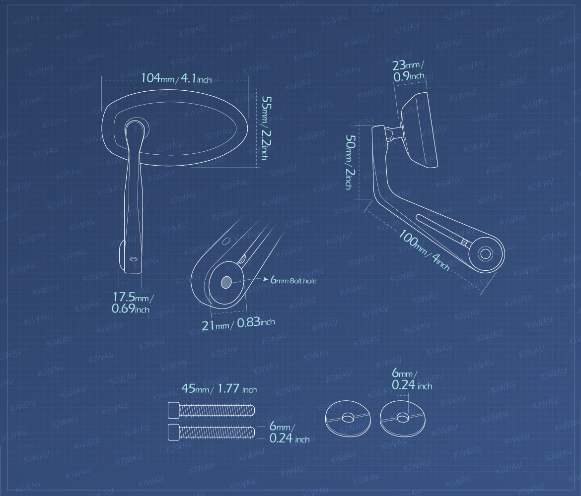 Measurement of KiWAV bar end mirrors Trusti compatible for Royal Enfield Interceptor 650 motorcycles