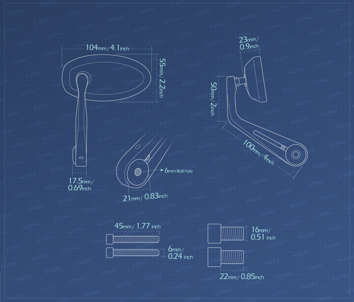 Measurement of KiWAV bar end mirrors Trusti compatible for Yamaha M16 threaded handlebar motorcycles