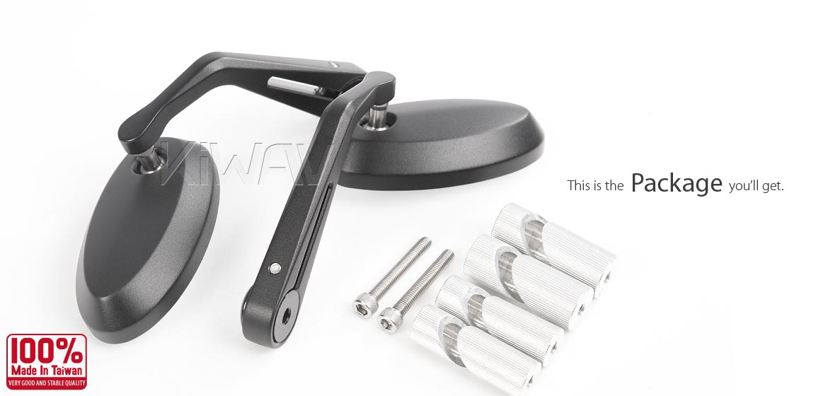 KiWAV motorcycle aluminum bar end mirrors Trusti black compatible for 1 inch & 1-1/4 inch hollow end handlebar motorcycles