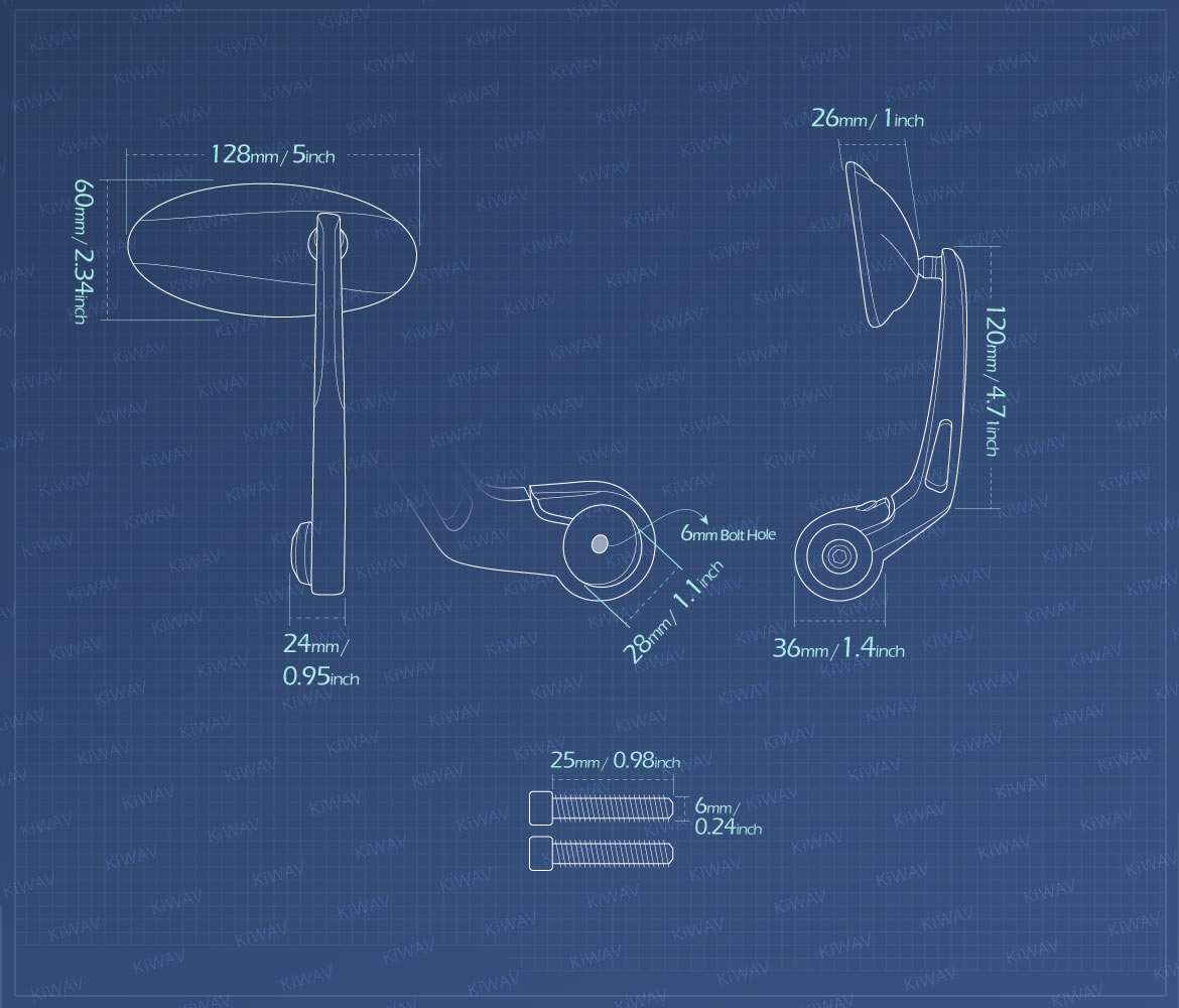 Measurement graph of KiWAV Ultra bar end mirrors for Moto Guzzi motorcycles