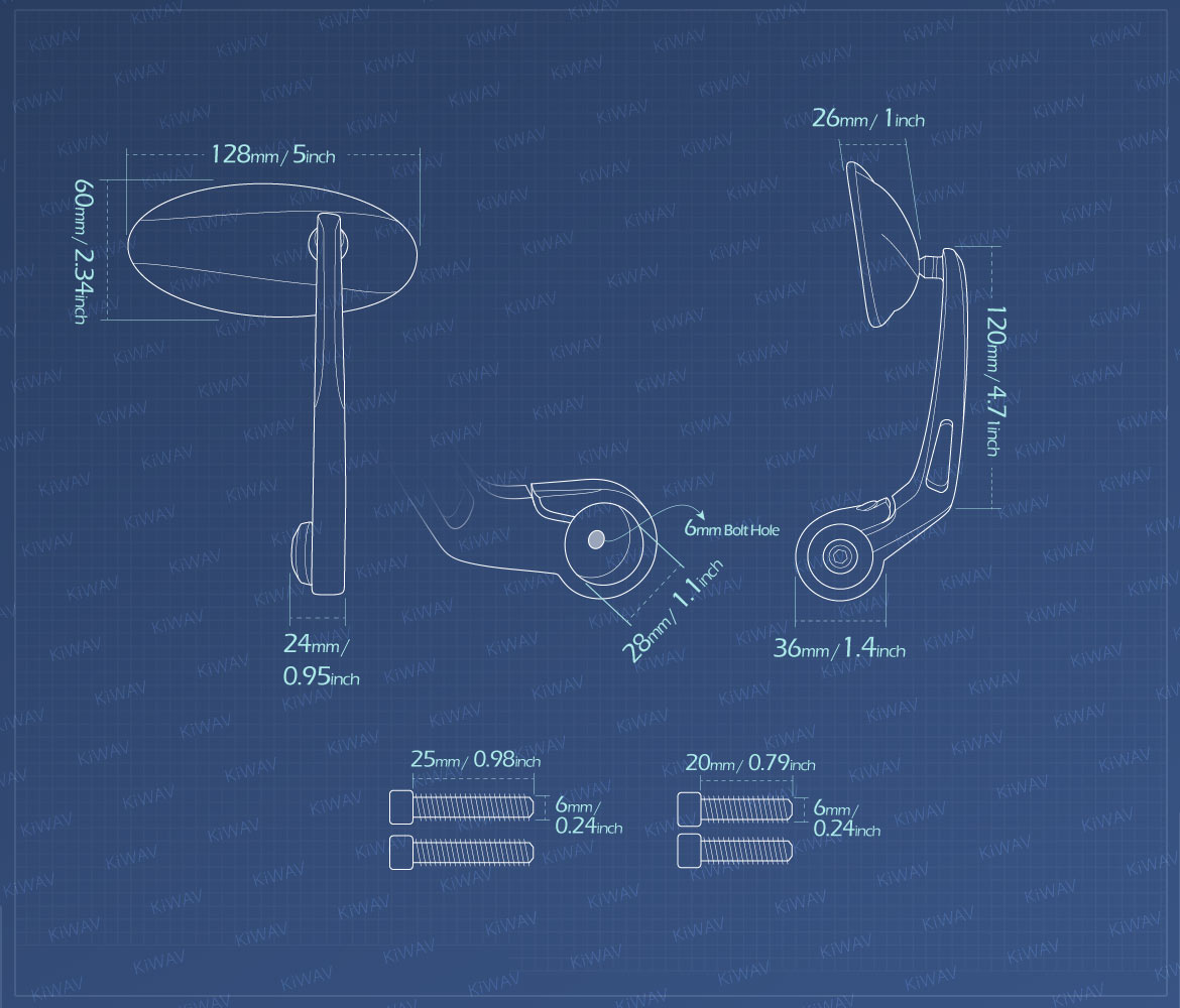 Measurement graph of KiWAV Ultra bar end mirrors for Triumph water-cooled motorcycles