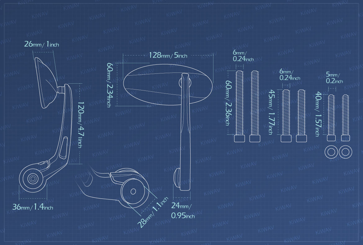 Measurement of KiWAV Motorcycle bar end mirrors Ultra for Triumph air-cooled models with OEM handlebars