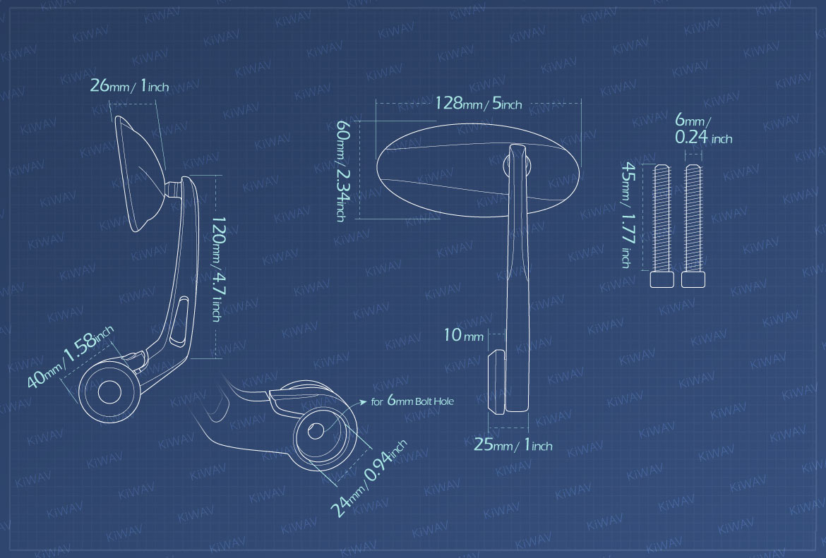 Measurement of KiWAV Motorcycle bar end mirrors with heavy weight Ultra for M6 threaded