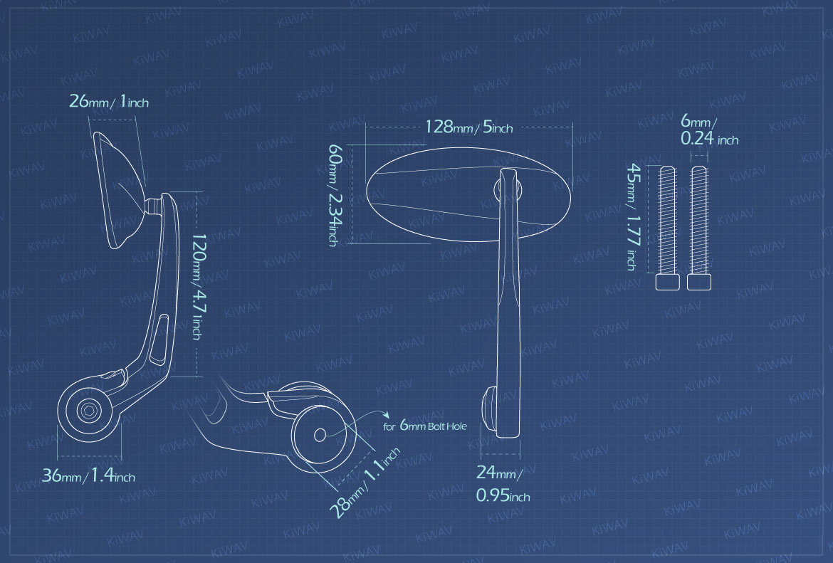Measurement of KiWAV Motorcycle bar end mirrors Ultra for M6 threaded