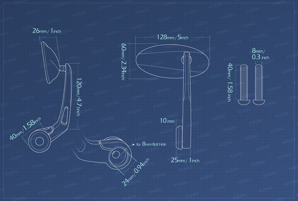 Measurement of KiWAV Motorcycle bar end mirrors Ultra for M8 threaded