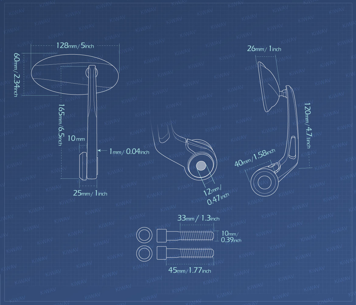 Measurement graph of KiWAV Ultra bar end mirrors compatible for BMW M10 threaded handlebar
