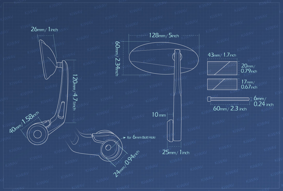Measurement of KiWAV Motorcycle bar end mirrors Ultra for 1inch hollow end handlebars