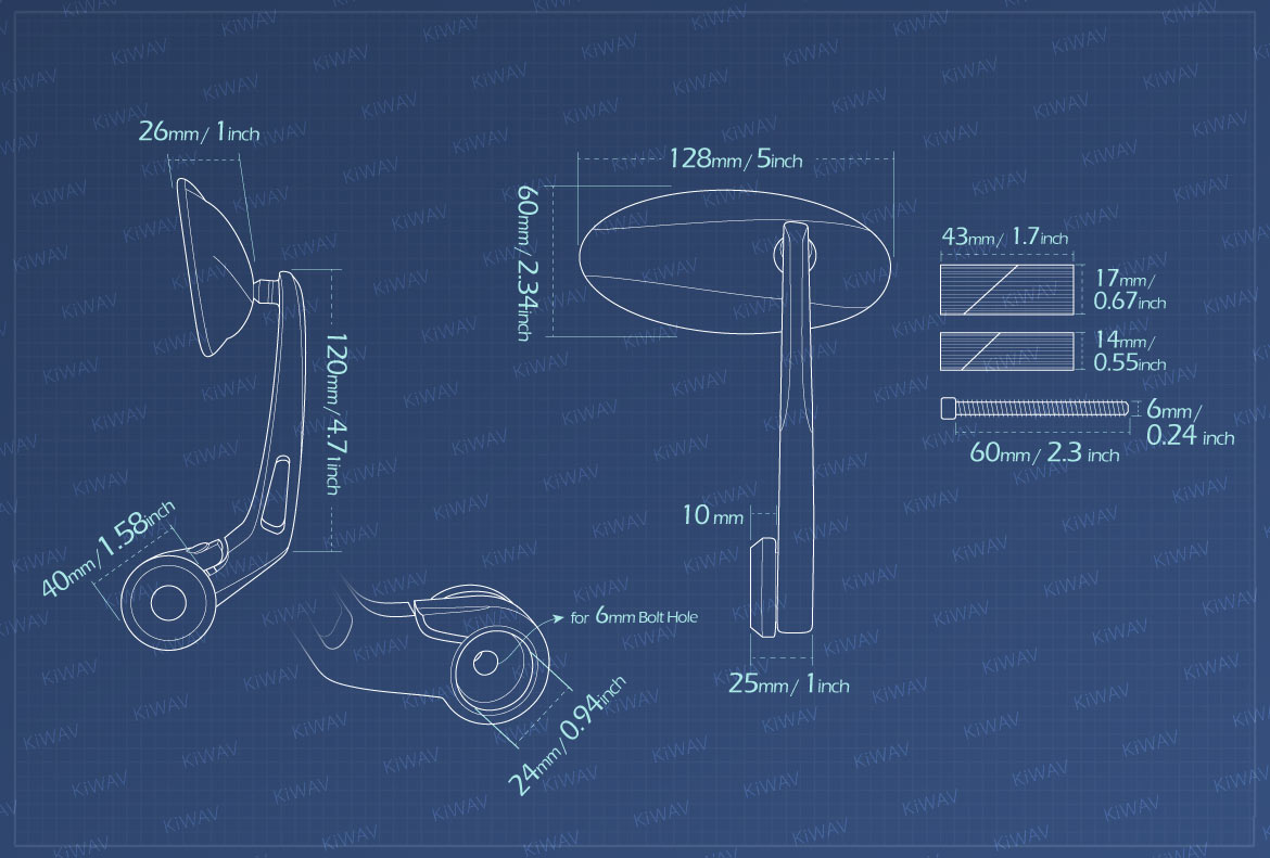 Measurement of KiWAV Motorcycle bar end mirrors Ultra for 7/8 inch hollow end handlebars