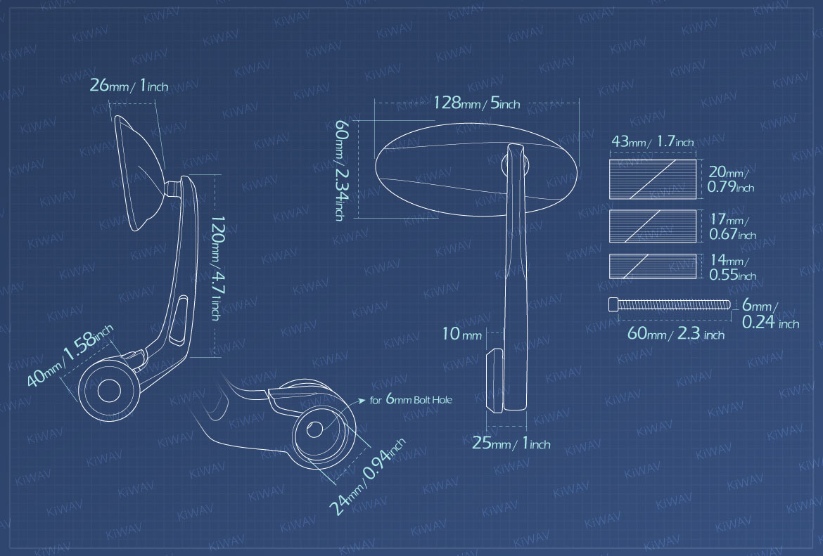Measurement of KiWAV Motorcycle bar end mirrors Ultra for 7/8 inch and 1inch hollow end handlebars