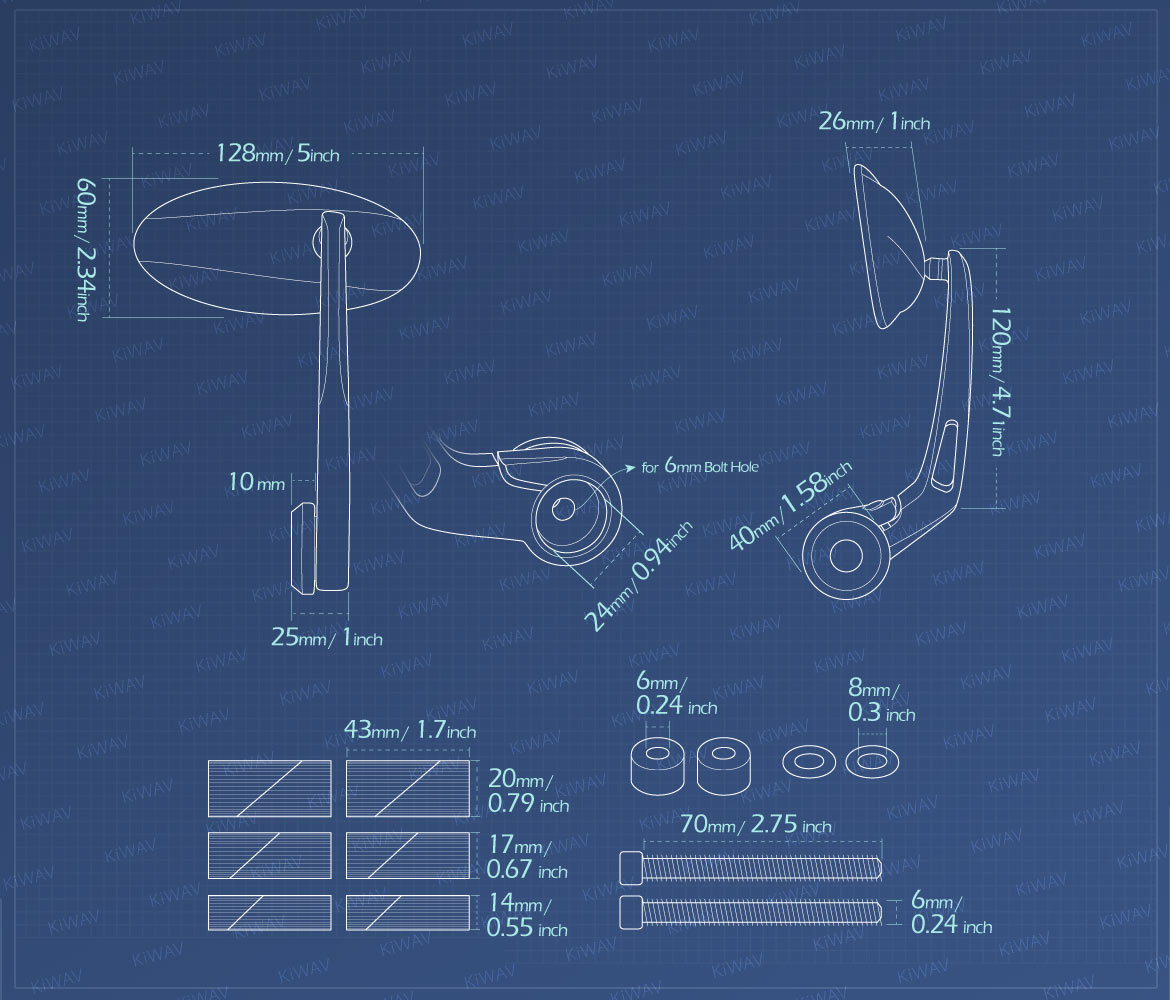 Measurement graph of KiWAV Ultra bar end mirrors compatible for Harley Sportster Dyna Softail XG street