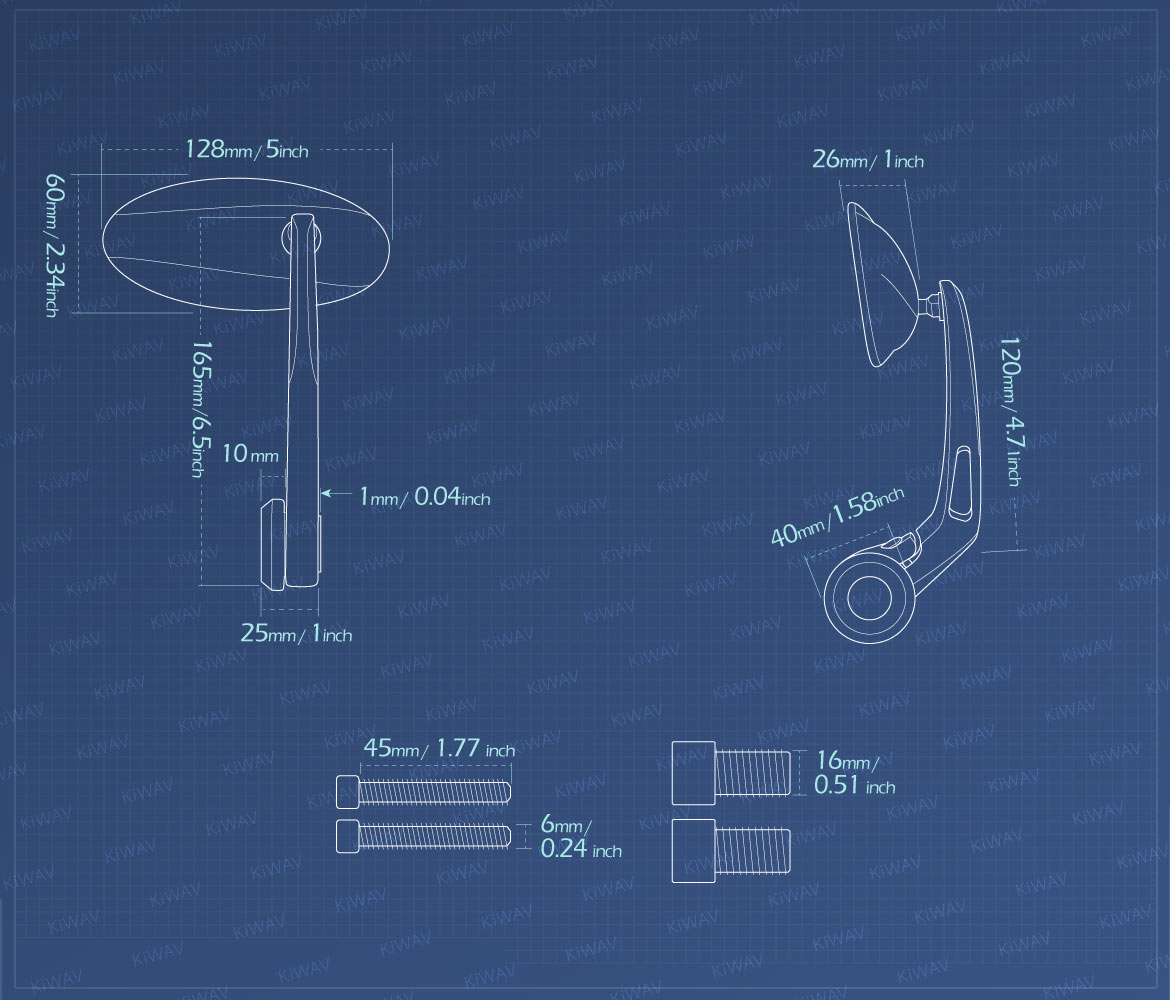 Measurement of KiWAV Motorcycle bar end mirrors with heavy weight Ultra for most Yamaha with M16 threaded