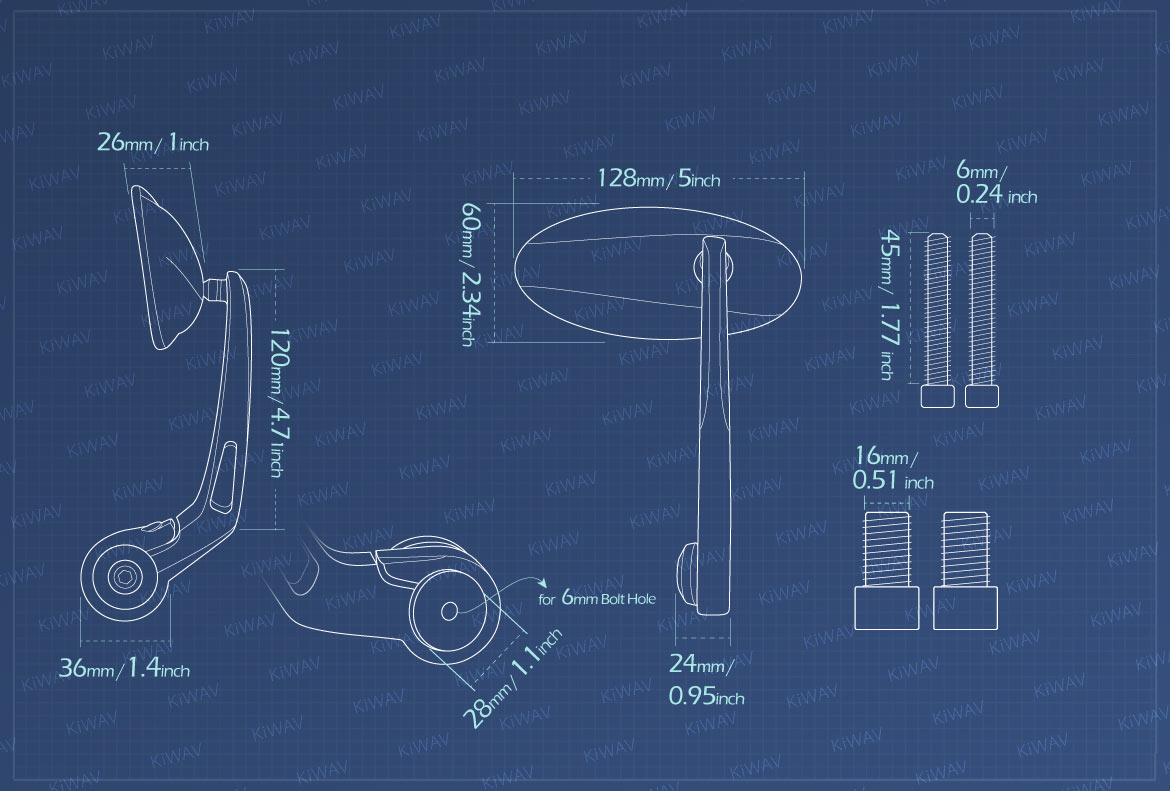 Measurement of KiWAV Motorcycle bar end mirrors Ultra for most Yamaha with M16 threaded