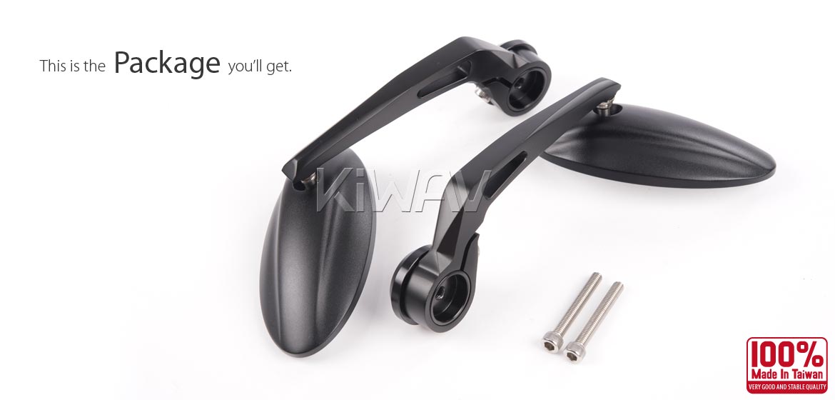 KiWAV motorcycle bar end mirrors with heavy weight Ultra black for M6 threaded