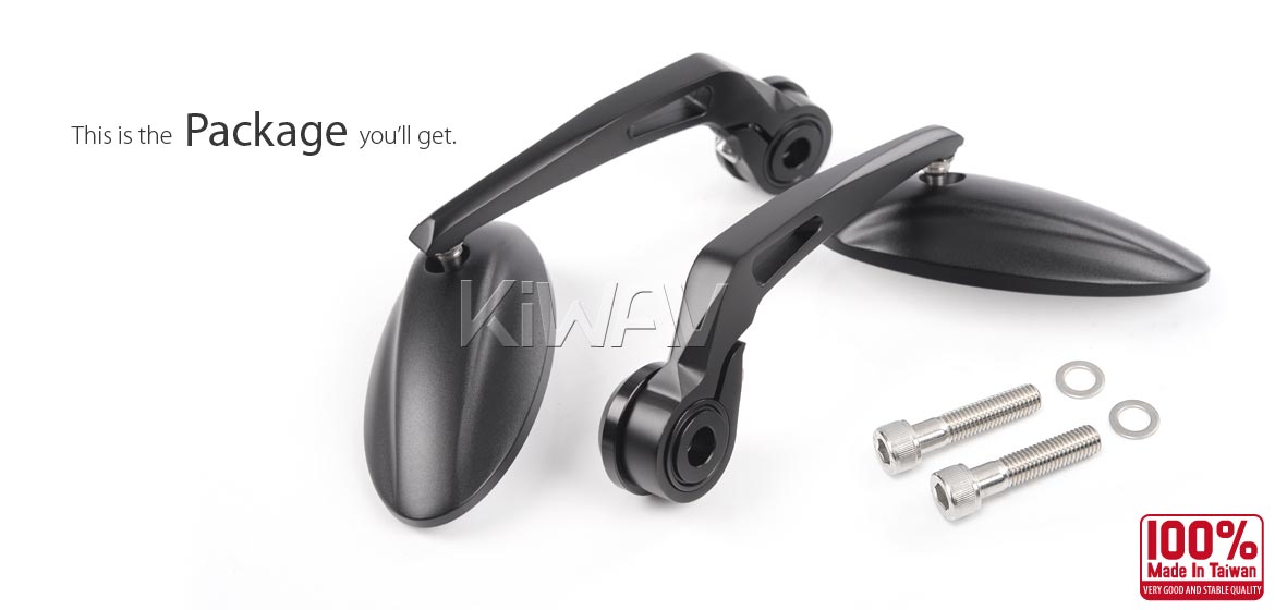KiWAV Ultra black motorcycle bar end mirrors compatible for BMW M10 threaded handlebar