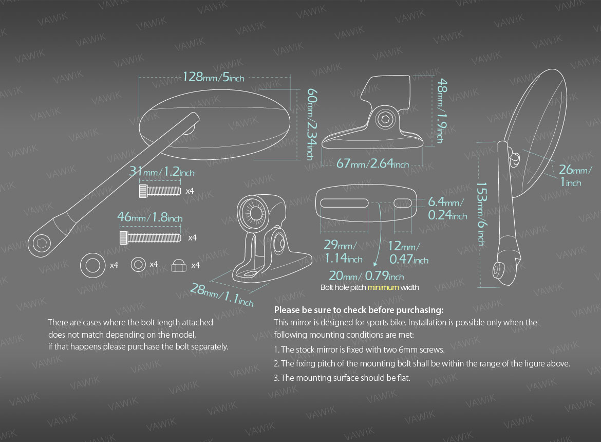 Measurement of VAWiK Ultra motorcycle mirrors for sportsbike