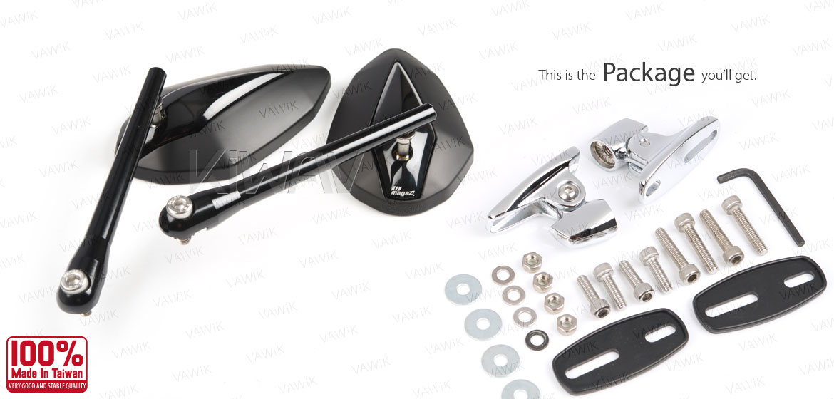 KiWAV motorcycle Venom Black Sportsbike Mirrors with chrome base for sportsbike