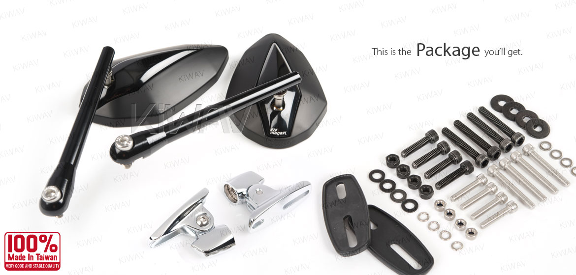 KiWAV motorcycle Venom Black Sportsbike Mirrors with chrome base for sportsbike