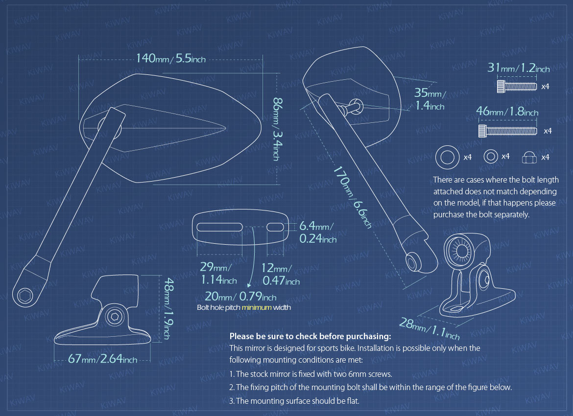 Measurement of KiWAV Venom motorcycle mirrors for sportsbike