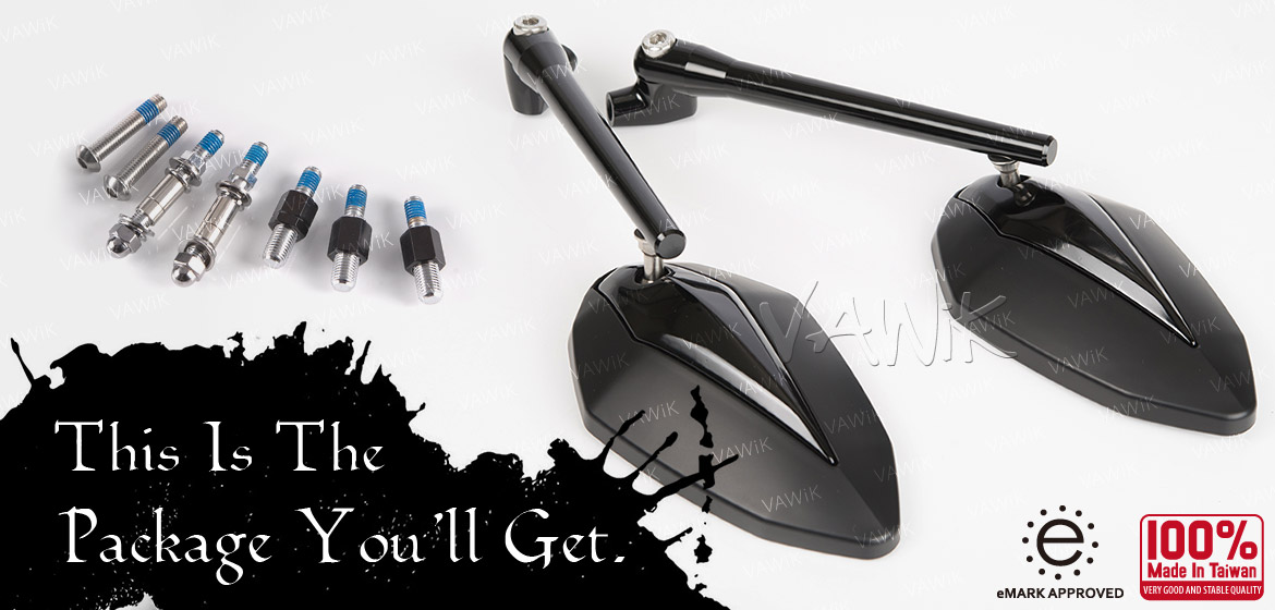 VAWiK motorcycle mirrors Venom black for Harley and Metric 10mm bikes Magazi