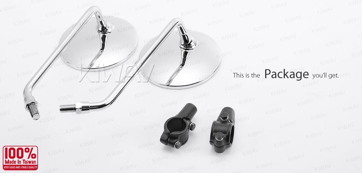 KiWAV ATV rear view mirrors super round chrome for 7/8 inch handlebar mount with black aluminum clips