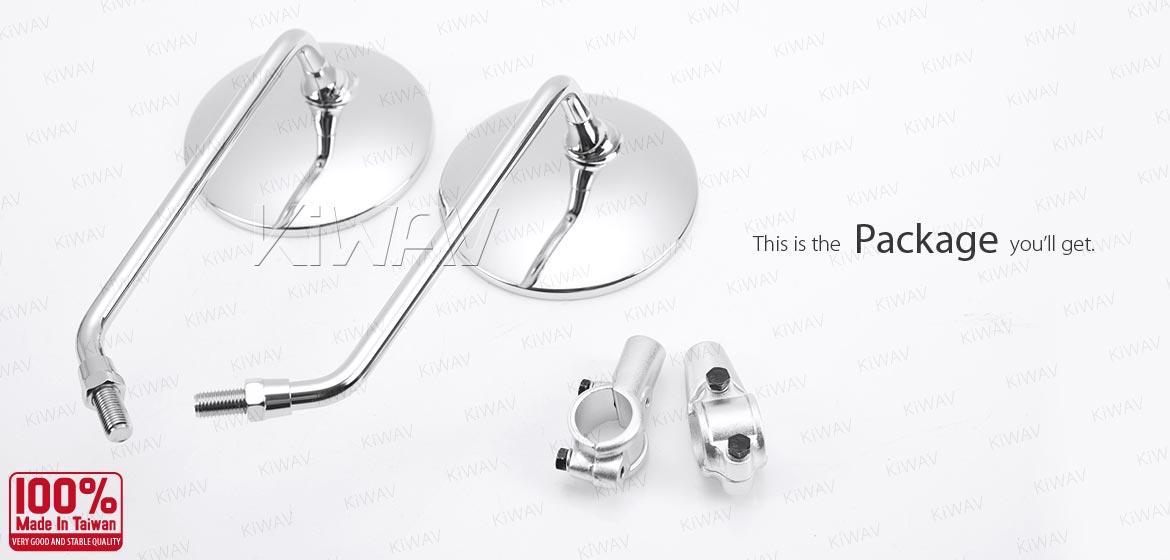 KiWAV ATV rear view mirrors super round chrome for 7/8 inch handlebar mount with silver aluminum clips