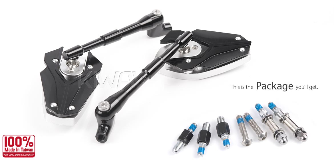 KiWAV Magazi Viper motorcycle mirrors black compatible for 10mm metric and Harley bikes
