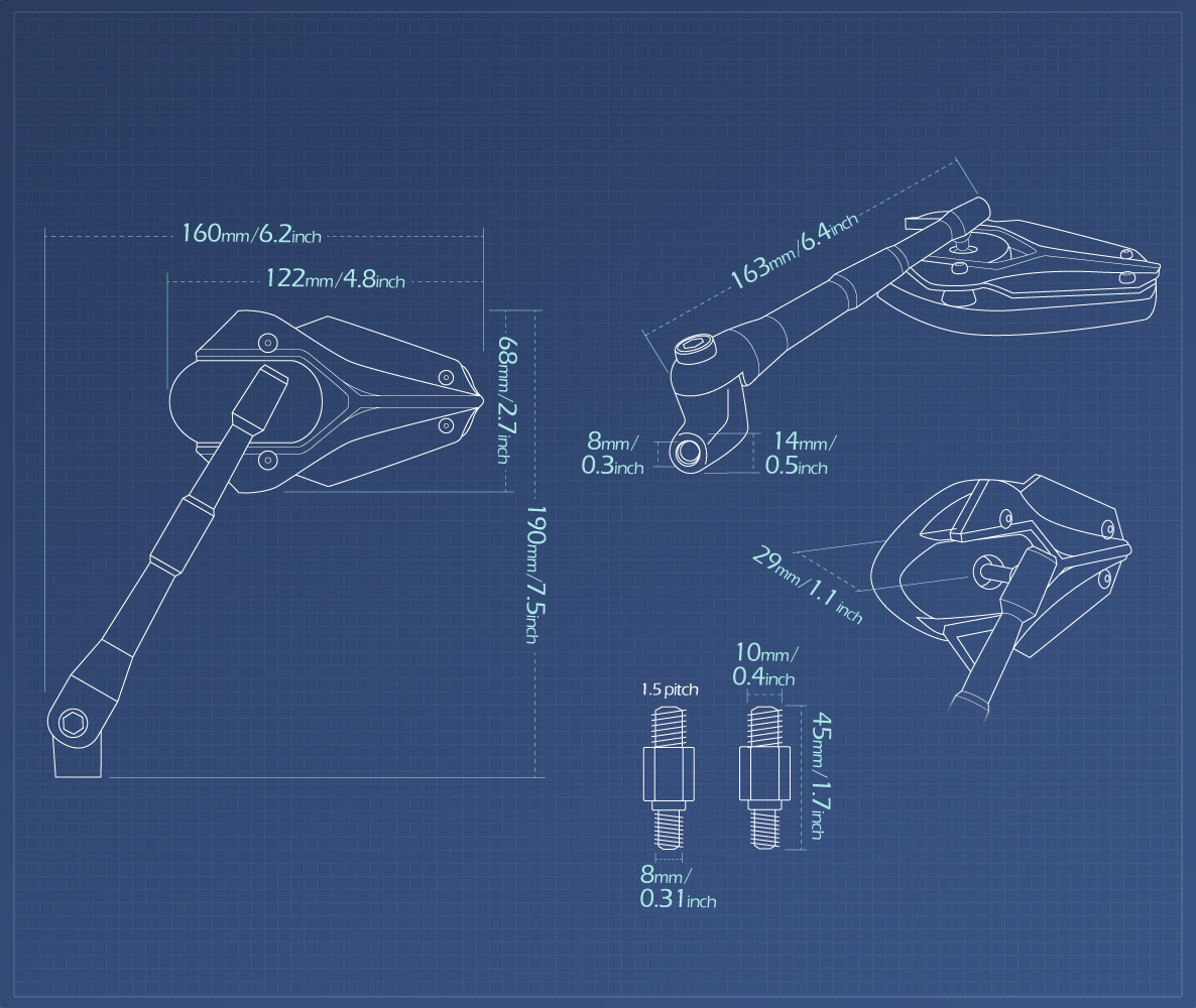 Measurement of KiWAV Viper motorcycle mirrors compatible for BMW motorcycles