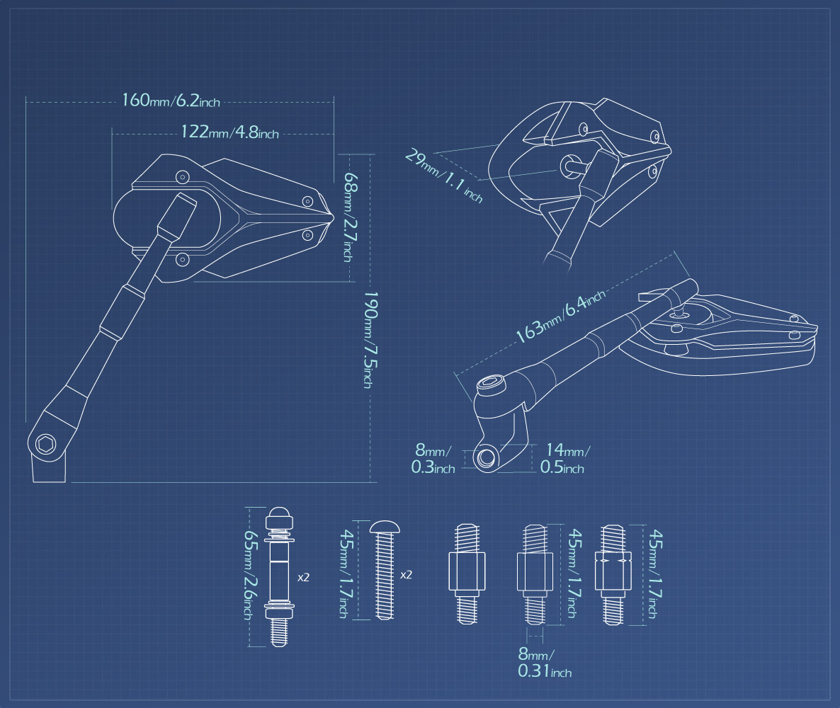 Measurement of KiWAV Viper motorcycle mirrors compatible for 10mm metric and Harley bikes